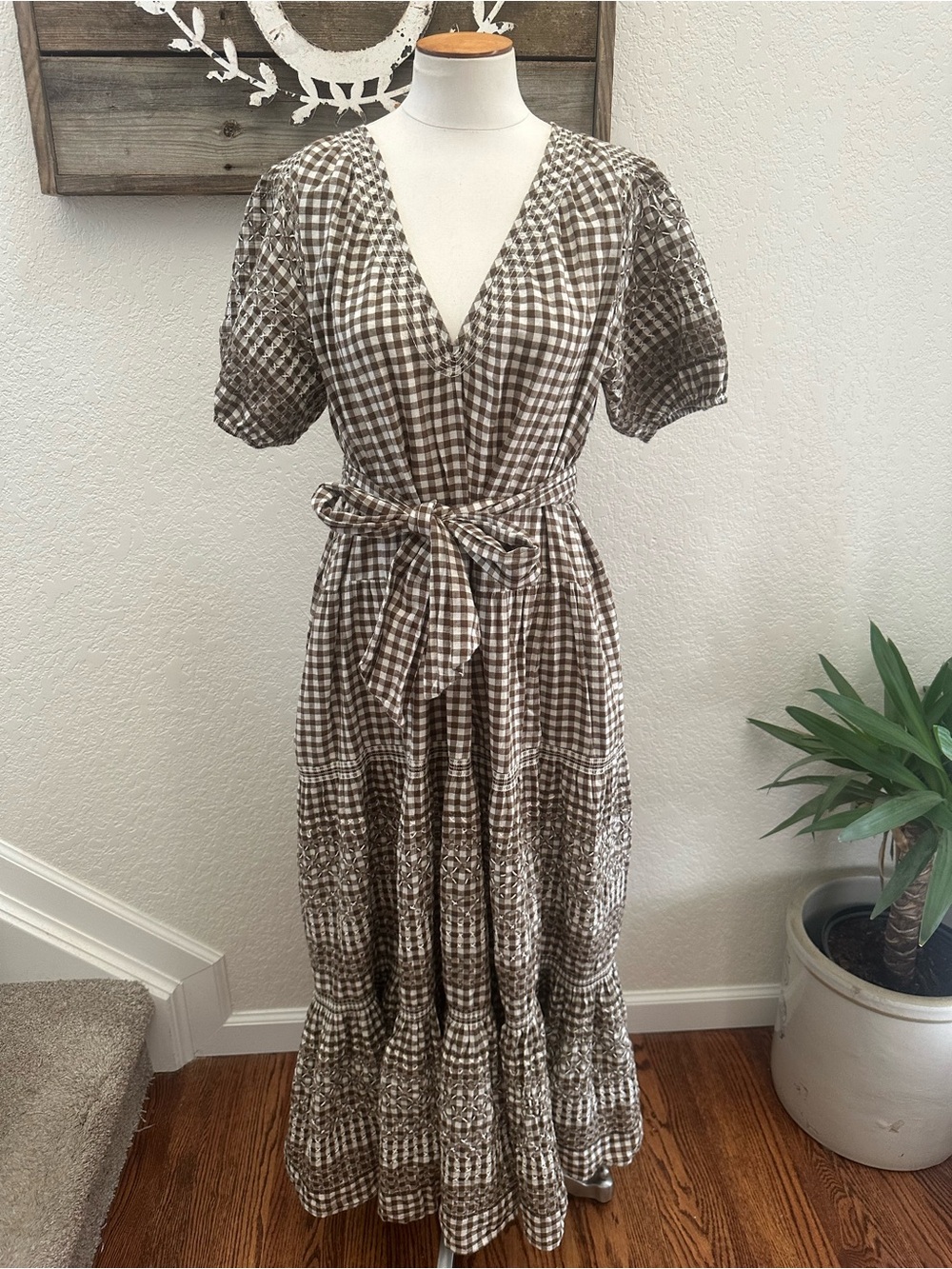 The Great Cross Stitch Dakota Brown Gingham Maxi Dress with Tie Waist size L